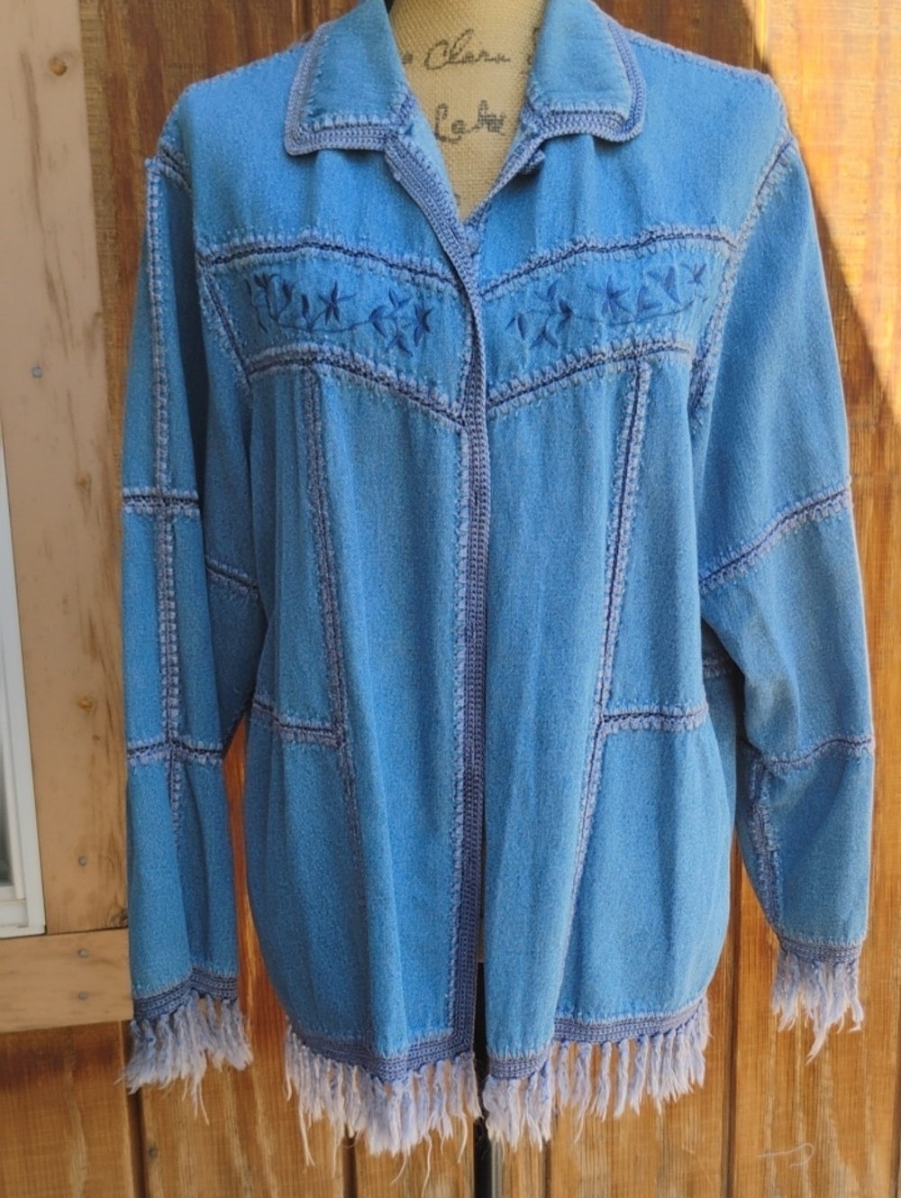Vintage Blue Jean Jacket with Fringe and Embroidery